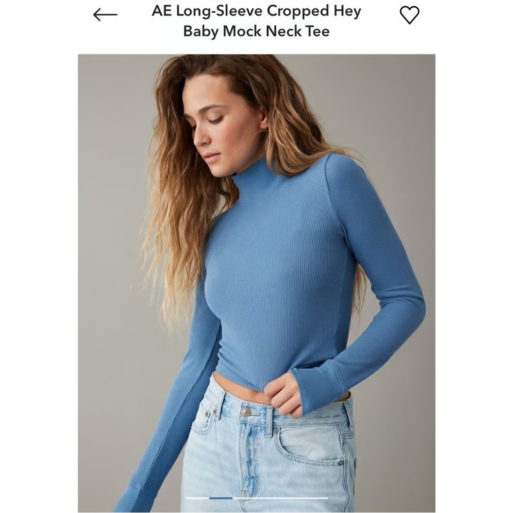 American Eagle L "Hey Baby" Mock Neck Cropped Long Sleeve Tee - Waffle - Blue